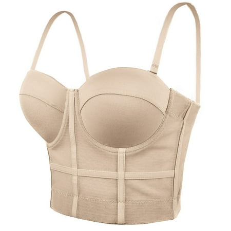 Tao Tao Women s Mesh Bustier Crop Top Push Up Corset Tops Bra Apricot Beige M