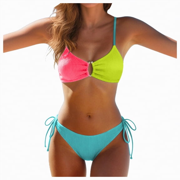 Ramiter Bikinis for Women 2 Piece Bikini Spaghetti Strap Swimsuits Solid Color Bathing Swimwear Triangle Bathing Suit Bathing Suit(Yellow,M)