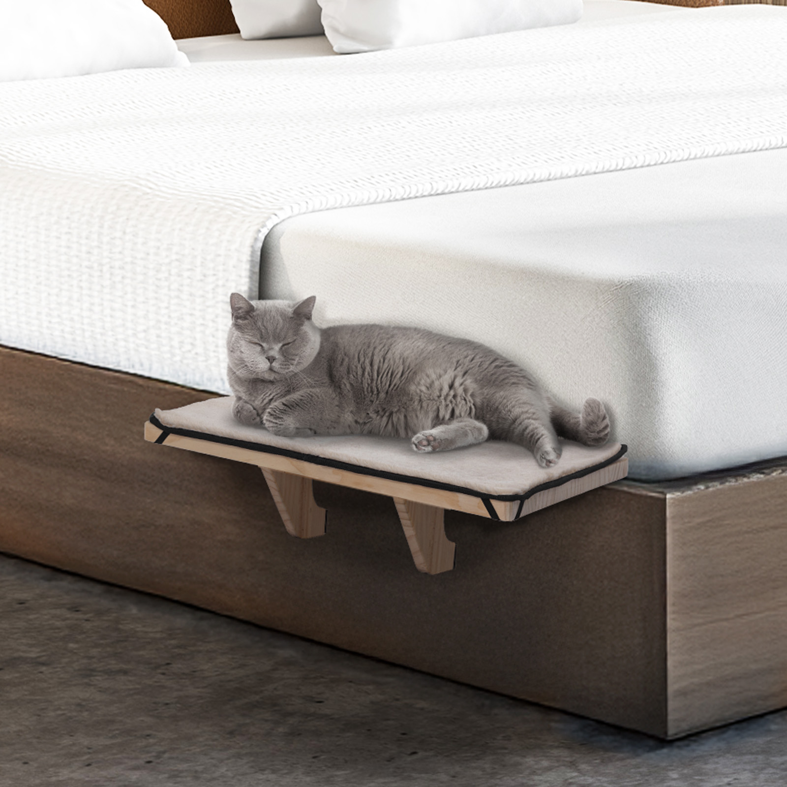 PETSFIT Cat Window Perch, Cat Hammock Window Seat with Natural Solid Wood&Removable Fleece Mat,Safety Sturdy Cat Bed for Windowsill, Bedside and Drawer