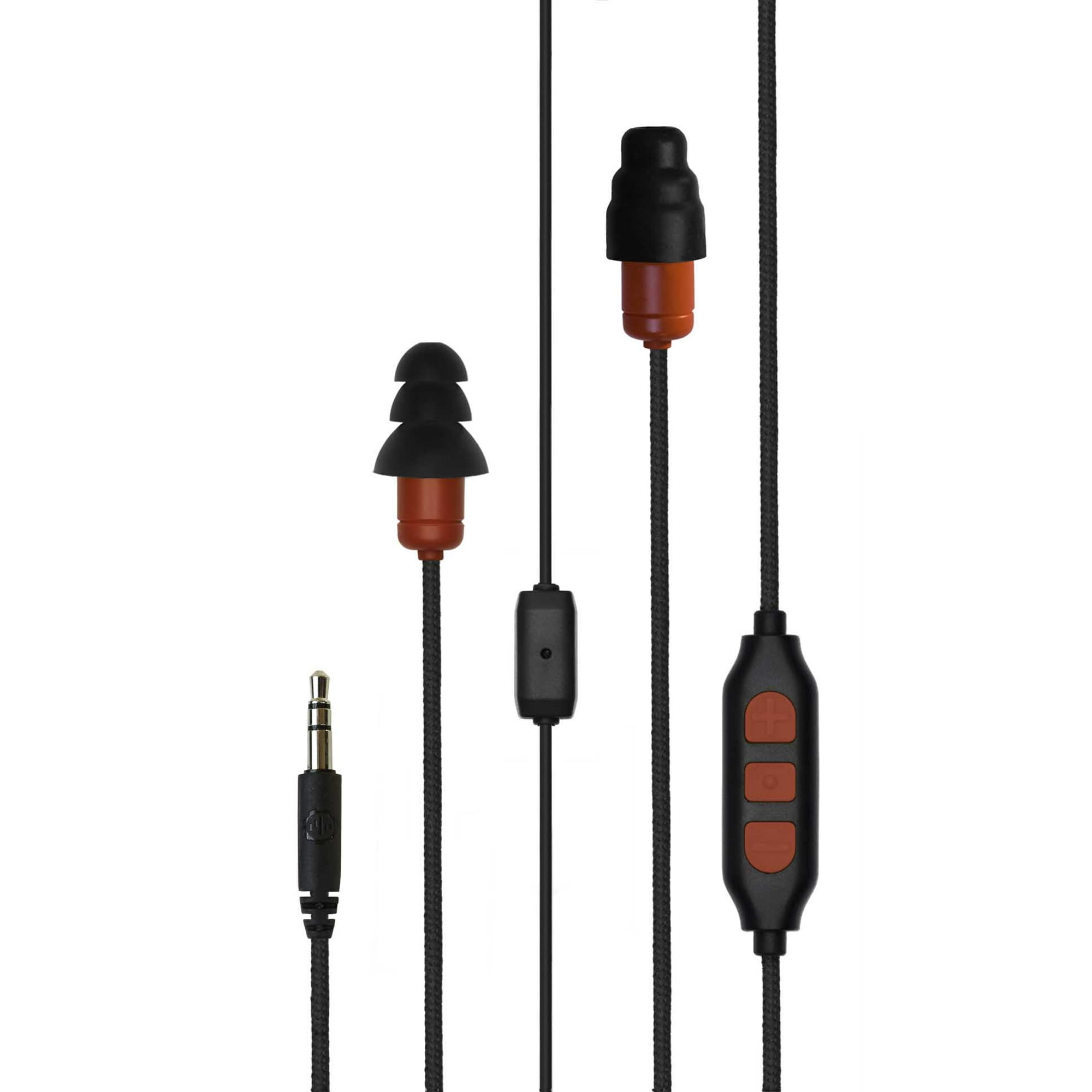 Plugfones Protector Plus VL in-Ear Earplug Earbuds, Noise Reduction Headphones with Noise Isolating Mic and Controls, Black & Red