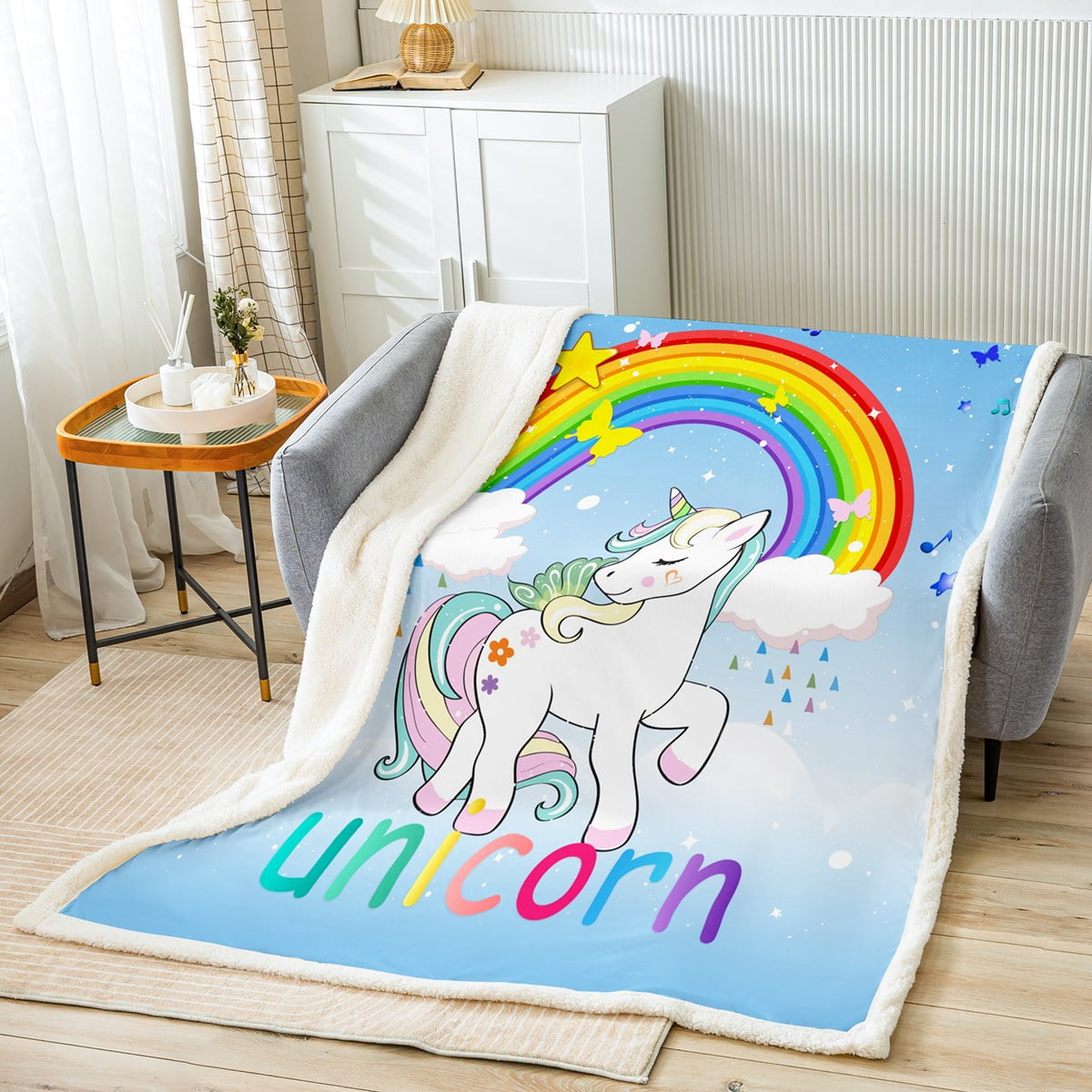 Pink Unicorn Kids Throw Blanket for Girls Throw Size Kawaii Rainbow Unicorn Fleece Blanket Cute White Horse Fuzzy Blanket Geometric Stars Cloud Sherpa Blanket Ombre Unicorn Bed Blanket Soft Warm Walma...