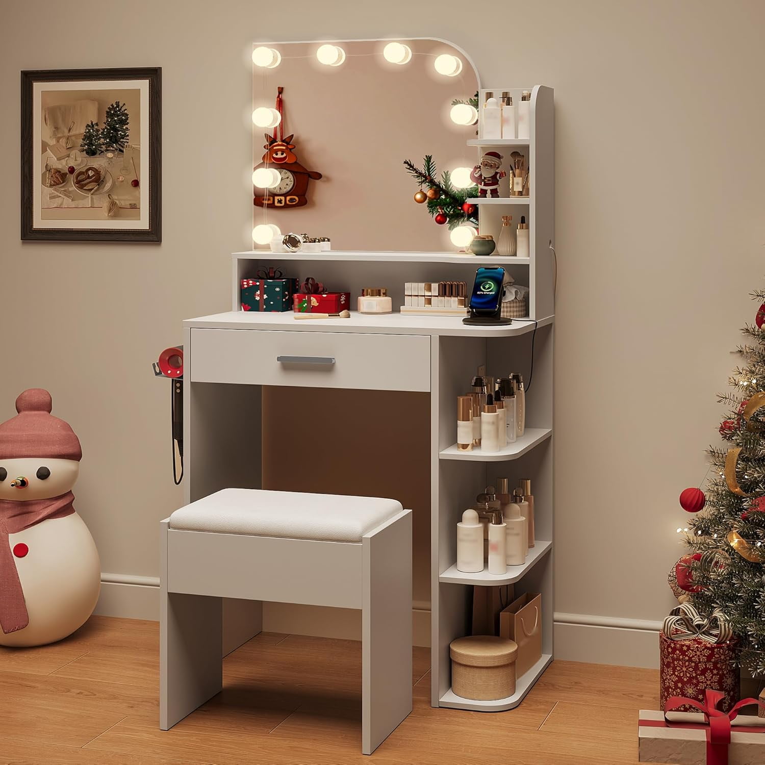 makeapile Makeup Vanity with Chair, Small Vanity Desk with Mirror , Lights 3 Colors and Power Outlet, Compact Vanity Table for Small Space, White