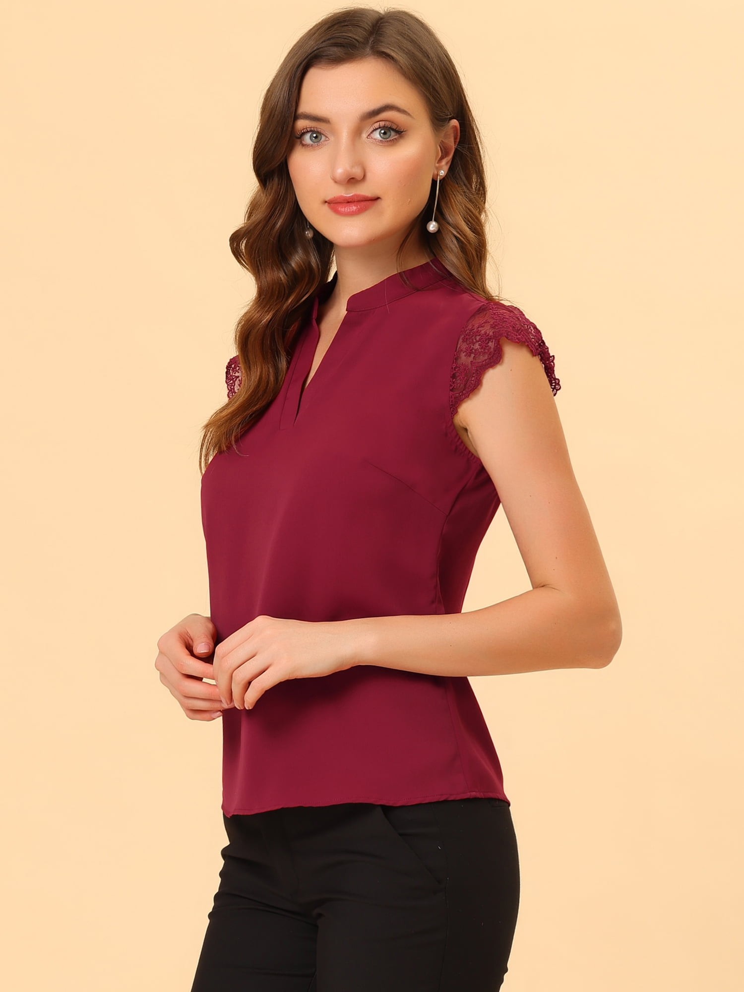 DARING DIVA Women's V Neck Sleeveless Basic Blouse Top L Red