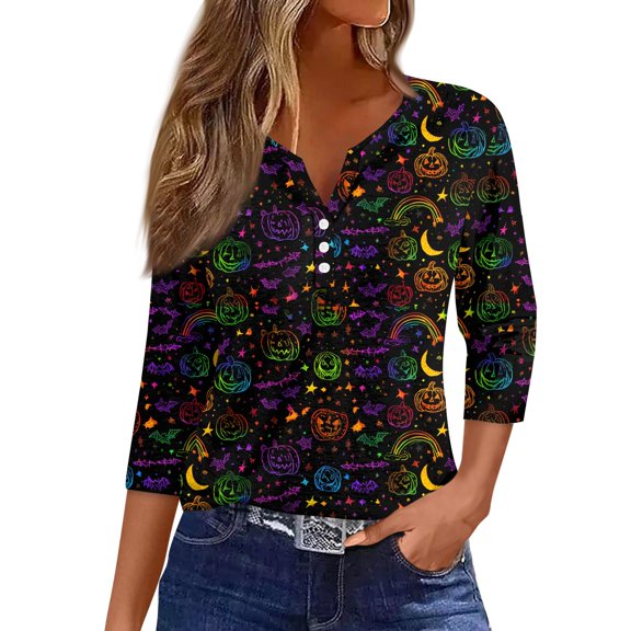 WTOBBY Women's Halloween Printed V-Neck Button Detail Tee with 3/4 Sleeve, Casual Weekend Fashion Top for Fall Season, Comfortable Daily Wear Apparel,Black L