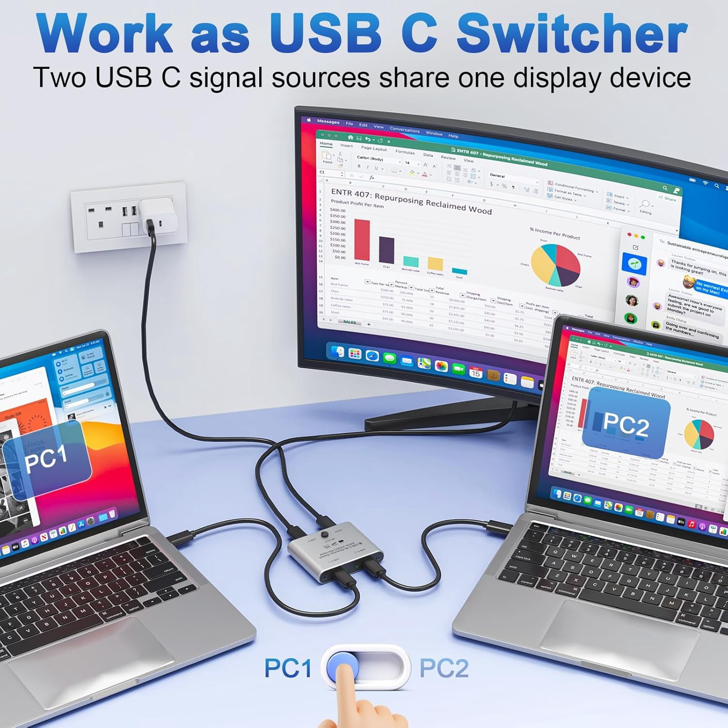 8K USB C Switch Bi-Directional, USB C KVM Switcher 8K@60Hz/4K@144Hz Video, 100W Power Delivery, 10Gbps Data Transfer – Includes Power Cable