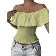 thumbnail image 2 of Women'S Off the Shoulder Blouse Ruffle Short Sleeve Smocked Going Out Crop Tops Green L, 2 of 9