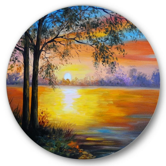 Designart 'Tree Near The Lake in Evening' Traditional Circle Metal Wall Art 36x36 - Disc of 36