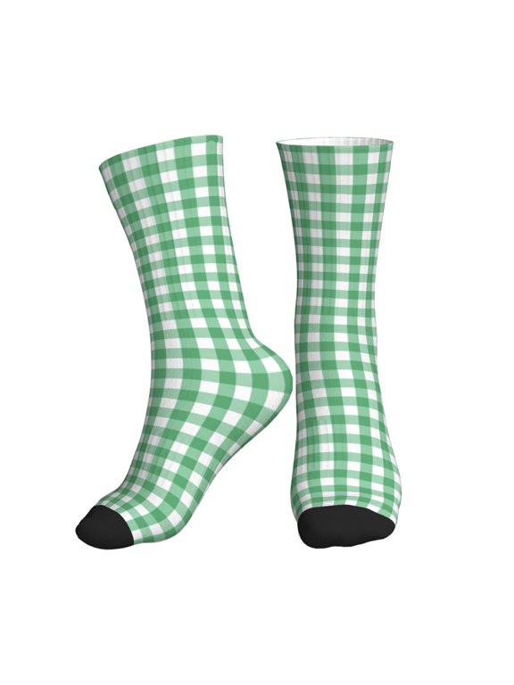 Crew Socks for Women Men Athletic - Gingham White green plaids checkered Soft Comfort Breathable Mid-Calf Sole Running Socks Womens Men