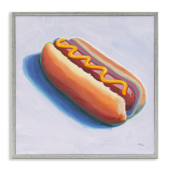 Stupell Industries Hot Dog with Mustard Food & Beverage Painting Gray Framed Art Print Wall Art, 12 x 12