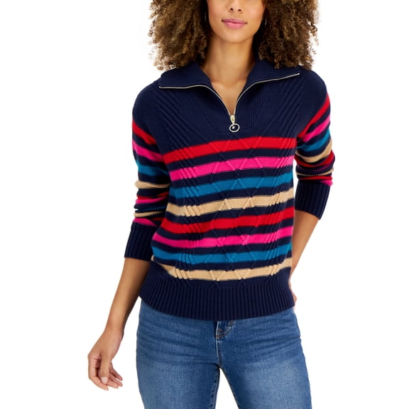 Women's Zippered Striped Sweater Intrepid Blue Combo XL