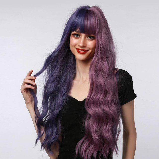 Pelucas sintéticas de 28 pulgadas de largo ondulado Mixd púrpura azul/rosa degradado con flequillo para mujeres Halloween Cosplay uso en fiestas