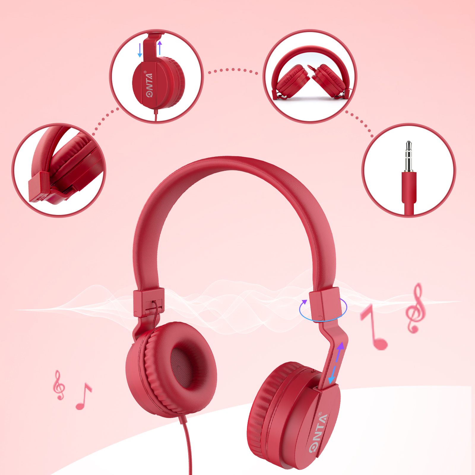 ONTA Kids Headphones, Foldable Over-Ear, Red photo 6