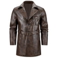 thumbnail image 3 of Men's mid-length single-breasted lapel coat, vintage chest single pocket design with belt PU leather jacket, 3 of 11
