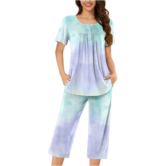 Tnhcen Women's Casual Henley Sleepwear Set Printed Button-Up Top Capri Pants with Side Pockets Stretchy Pajamas Set Loungewear (S-3XL)