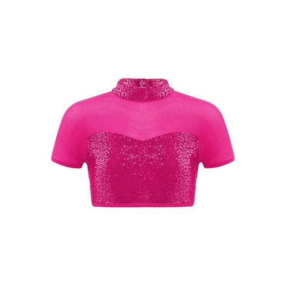 TTAO Kids Girls Mesh Splice Short Sleeve Open Back T-Shirt Sequins Jazz Hip Hop Street Ballet Dance Crop Tops Dancewear Hot Pink 10