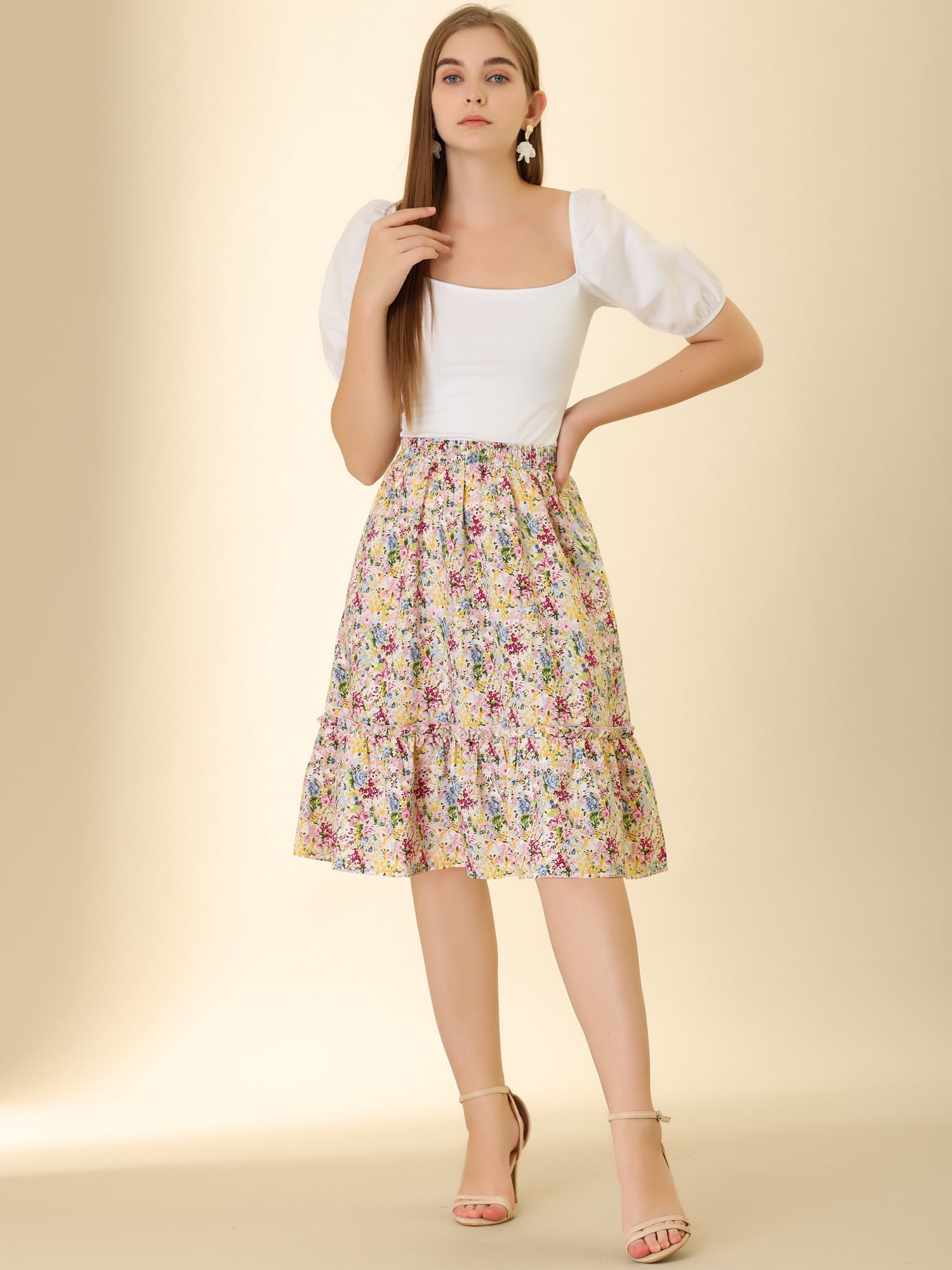 DARING DIVA Women's Flowy Ruffle Hem Tiered Floral Midi Skirt M Multicolor