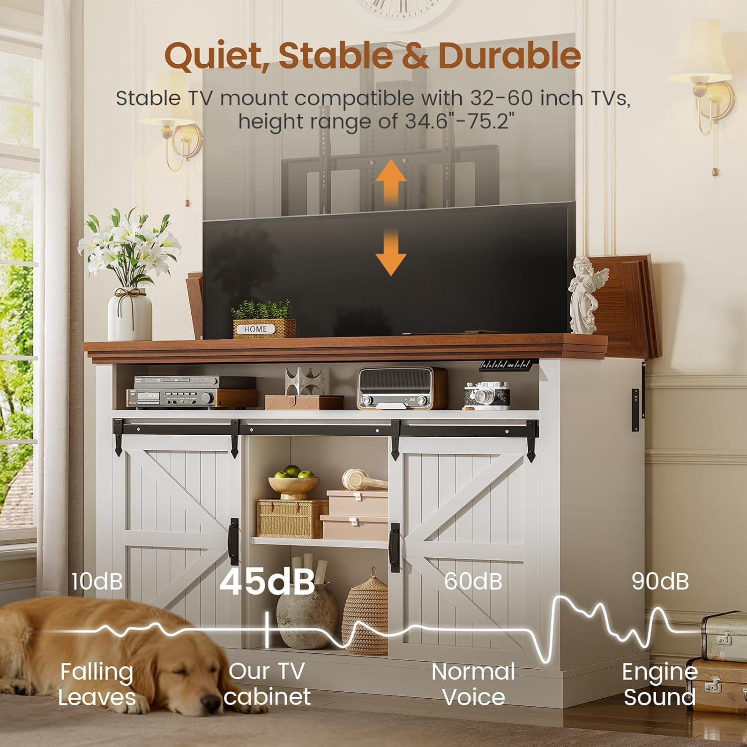 Motorized TV Lift Cabinet for 55-60” TVs, Farmhouse TV Stand, Entertainment Center with Storage Cabinets & Sliding Barn Doors, TV Media Console Table with Charging Station for Living Room, White