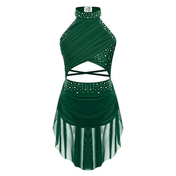 Xnihocha Kids Girls Sleeveless Rhinestone Ballet Dance Leotard Lyrical Dress Performance Dancewear Green 16