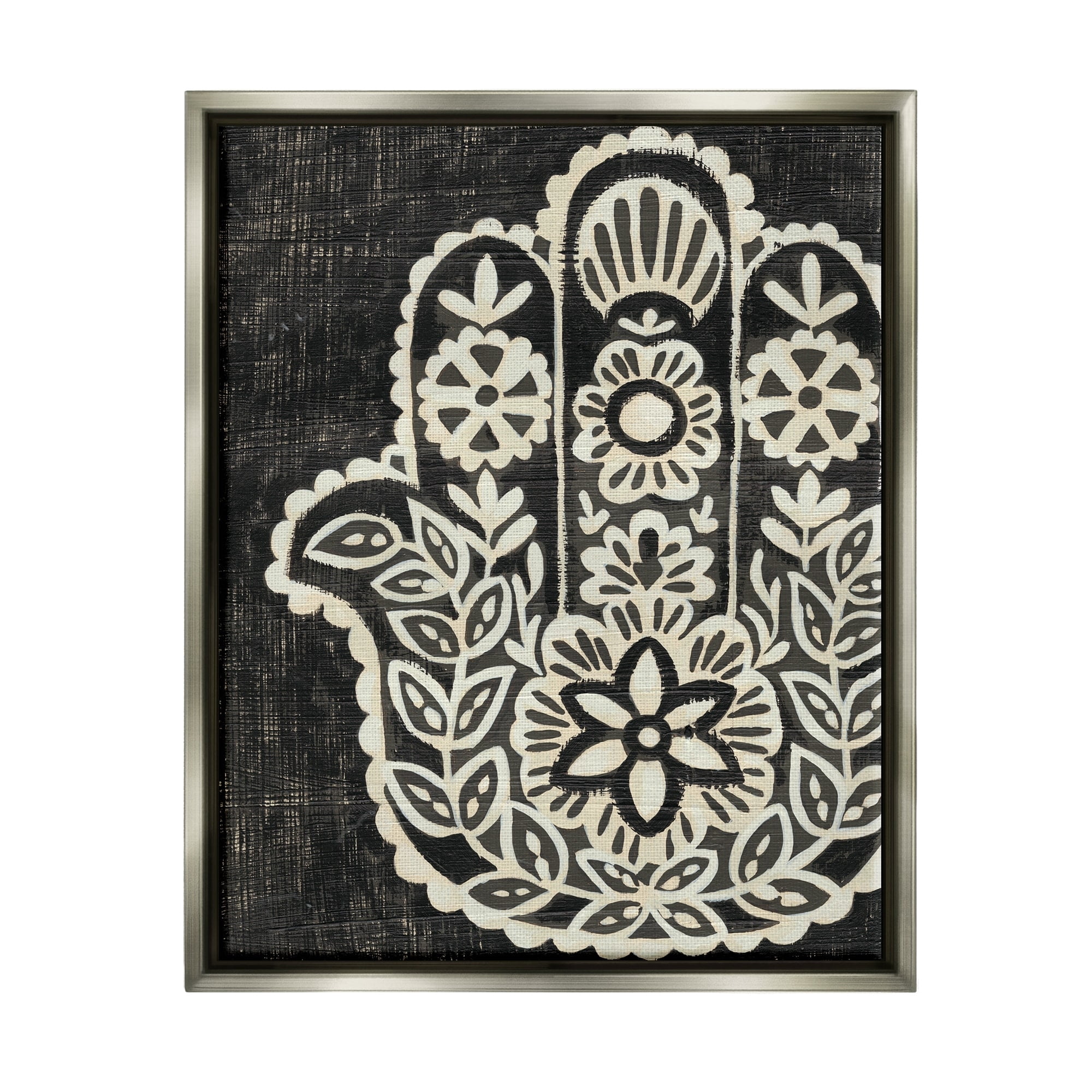 Stupell Industries Floral Pattern Black and White Hamsa Luster Gray Framed Floating Canvas Wall Art, 24x30, by Chariklia Zarris