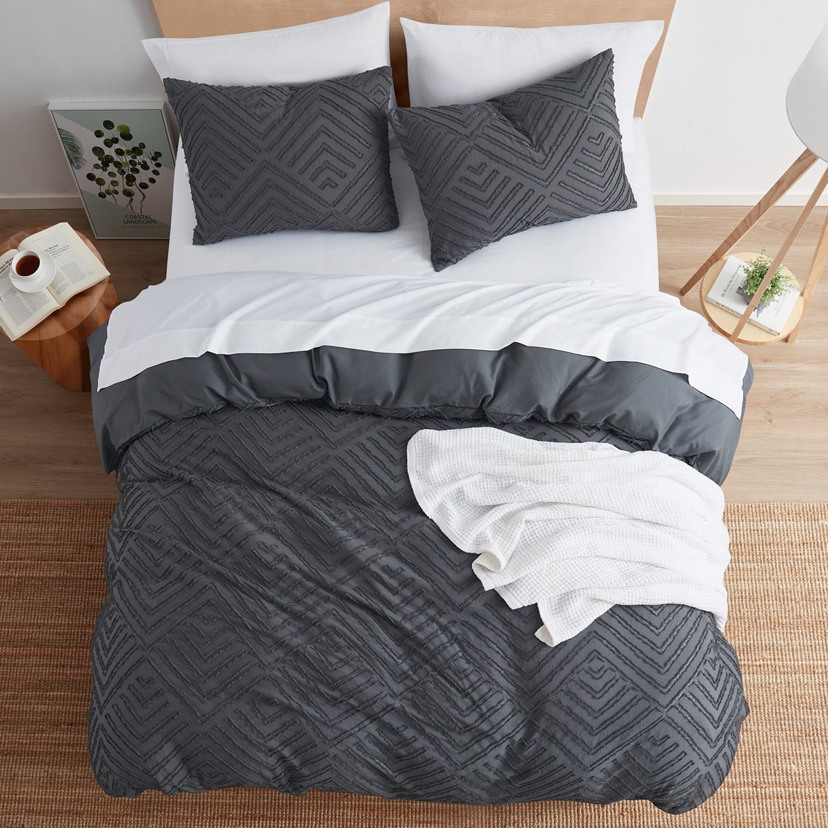Nestl Boho 3 Piece Duvet Cover Set, Tufted Embroidery Double Brushed Duvet Cover with Button Closure with 2 Pillow Shams, Twin (68"x90") - Gray