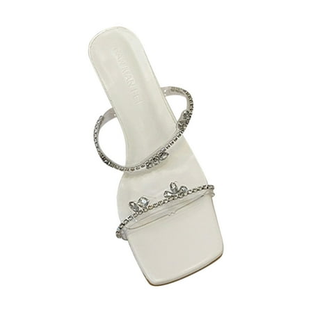 

TUOBARR Heels New Summer Women s Thin Heels Square Headed Water Diamond Sandals White