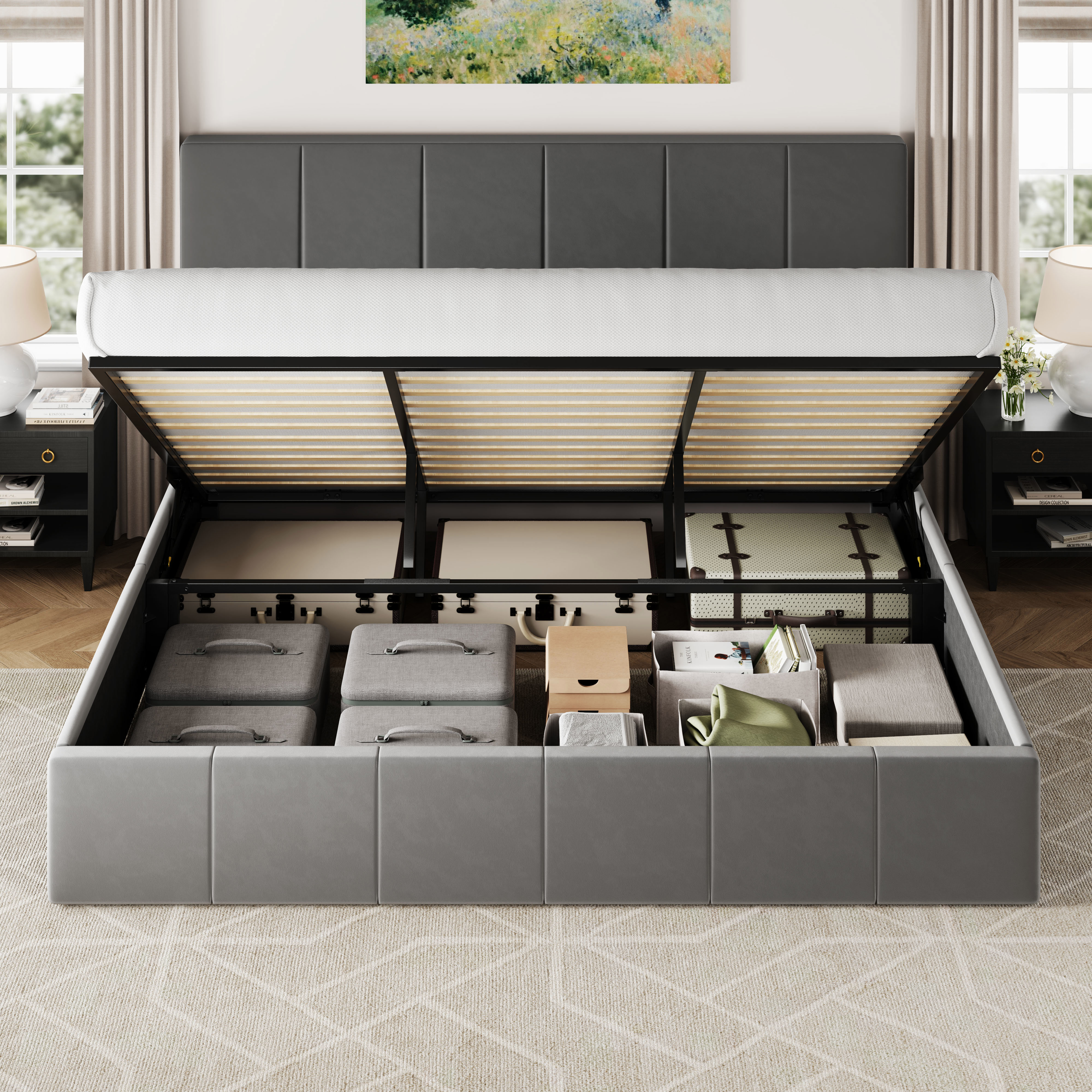 Allewie King Size Velvet Lift Up Storage Bed Frame, Vertical Channel Tufted Headboard, Hydrualic Underneath Storage, Upholstered Platform Bed, Wooden Slats Support, No Box Spring Needed, Gray