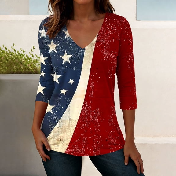 Avrnliq American Flag Patriotics Shirts Women USA 4th of July T Shirt Red White Blue Graphic 3/4 Sleeve Tee Summer Tops