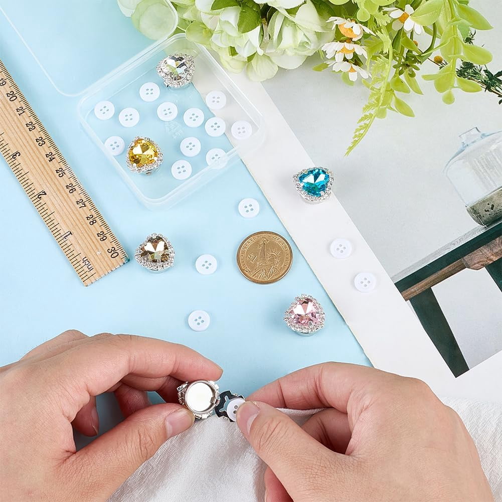 6-Piece Heart Rhinestone Button Covers Mixed Color Detachable Crystal Button Clips with 20 Sewing Buttons for Shirts