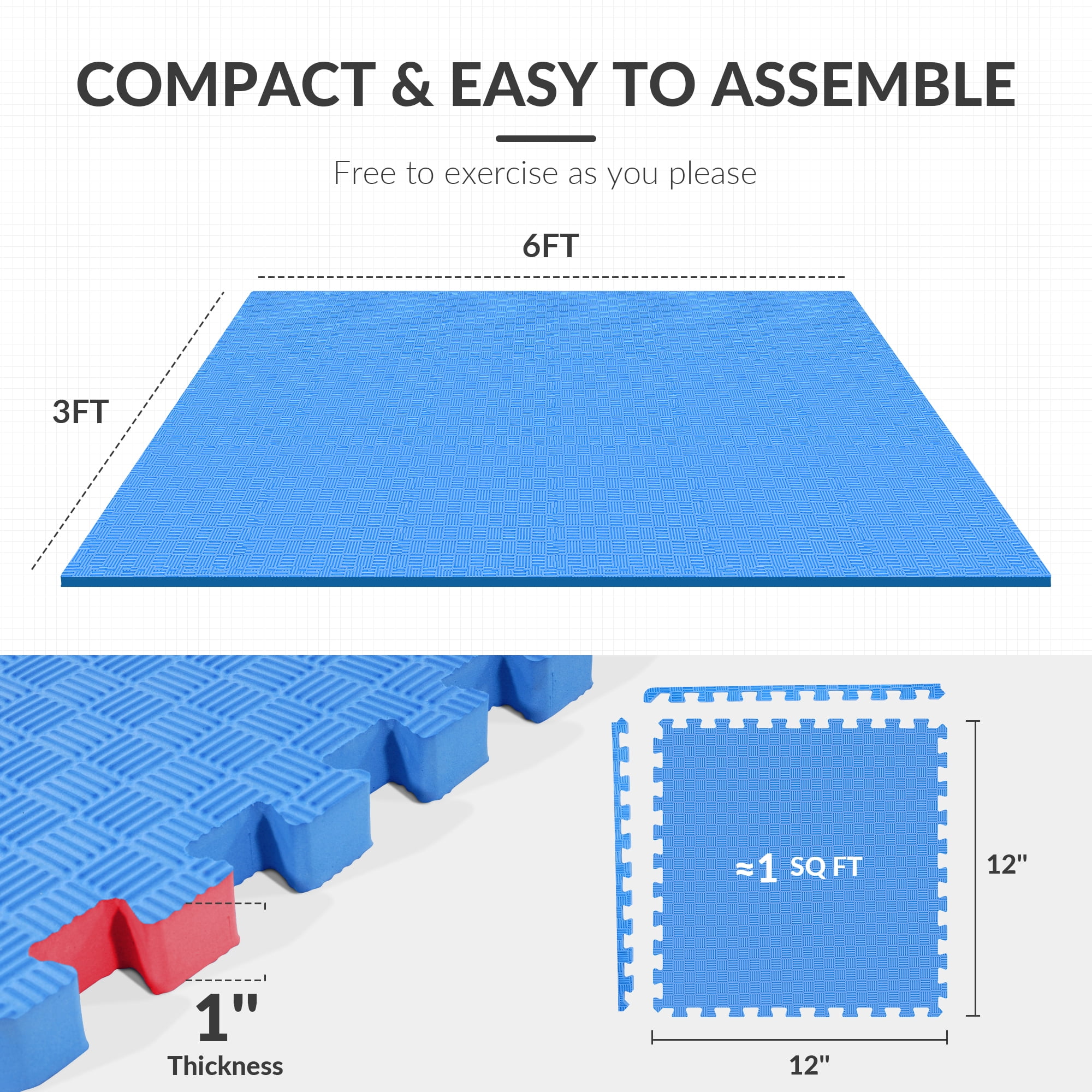 BalanceFrom EVA Foam Interlocking Floor Tiles, 63 × 63 cm, 1/2" 3/4" or 1" Thick, Anti-Slip Textured Mats in Multiple Colors, 6/12/24/36 Pack for Home Gym and Play Areas