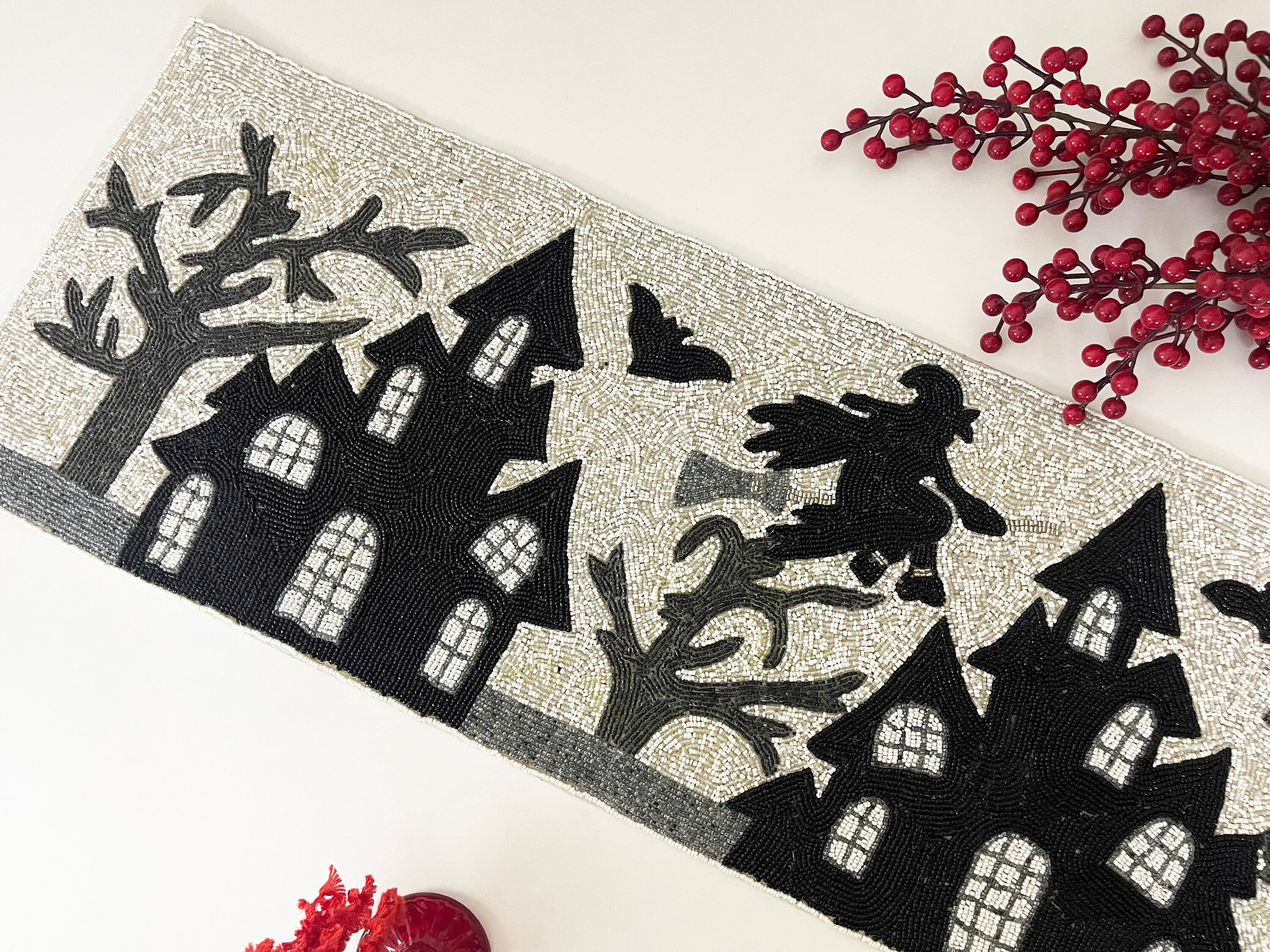 Handmade bead table runner, Halloween night, fall runner