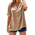 thumbnail image 2 of NuoCaiYun Womens Satin Blouse Short Sleeve Silk Tops Casual Button Down Shirts Business Casual Work Tshirt Outfits, 2 of 6