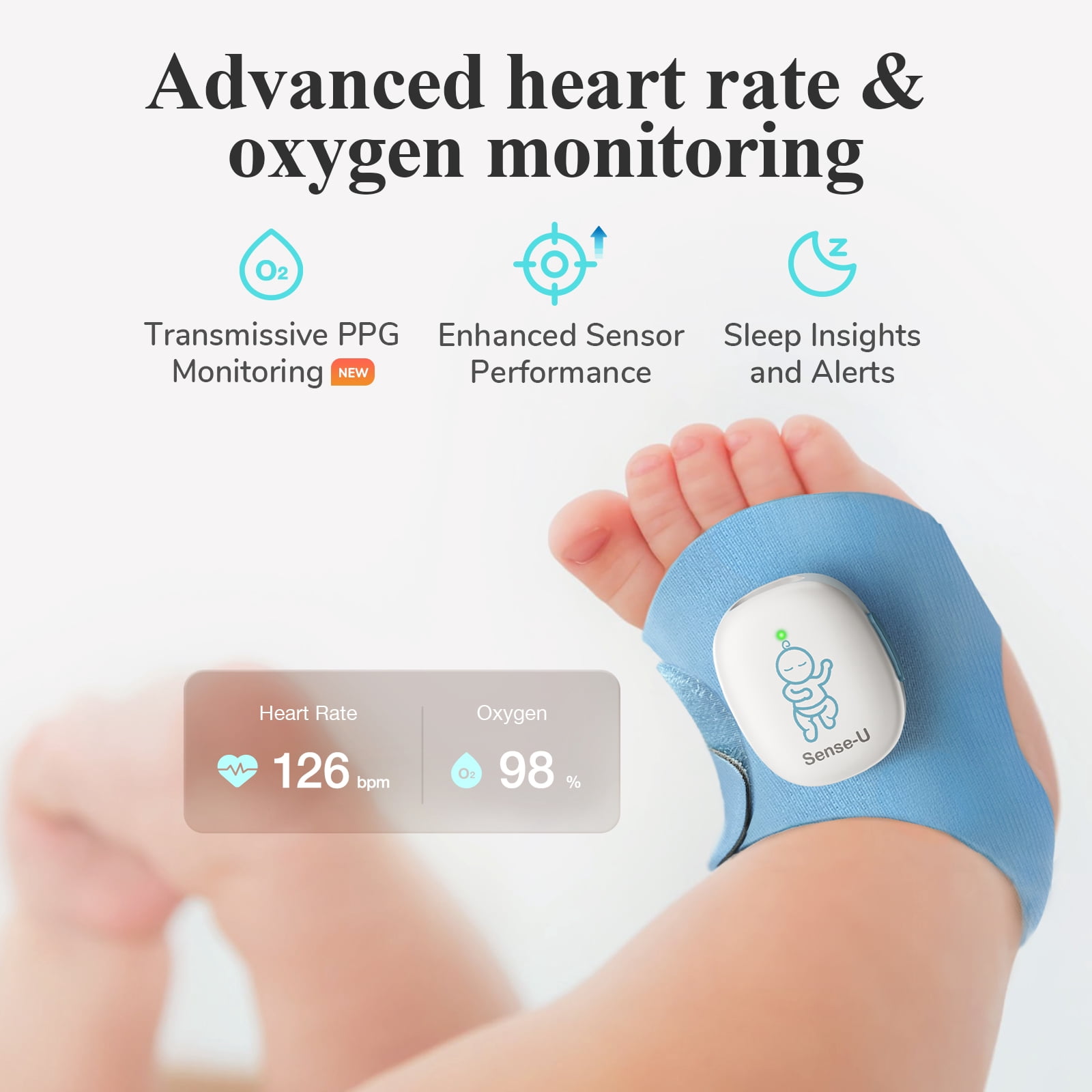 Sense-U Smart Baby Monitor Sock Shoe 2– More Precise Tracking Sleep Insights Movement with Transmissive PPG Foot Sensor,Audible & App notification