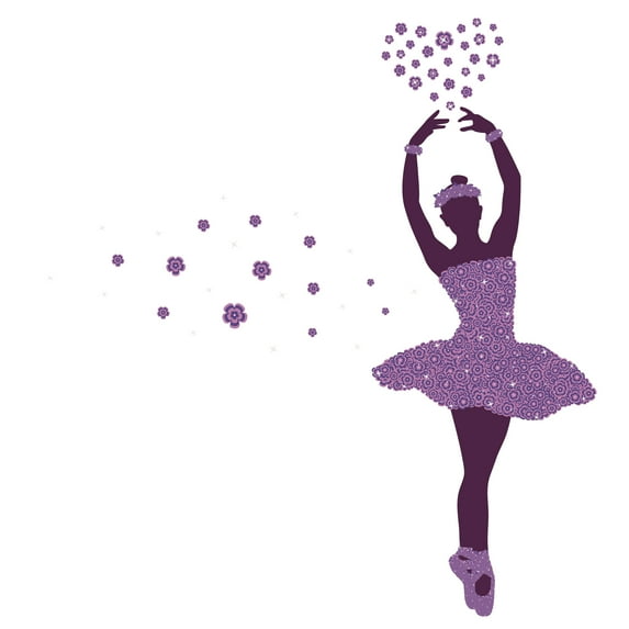 BALLERINA - Vinyl Purple Themed Ballerina Dancer Decoration Floral Tutu Design Kids Girls Nursery Bedroom Wall Decal - Home Living Room Heart Flowers Adhesive Wall Sticker 36" x 40"