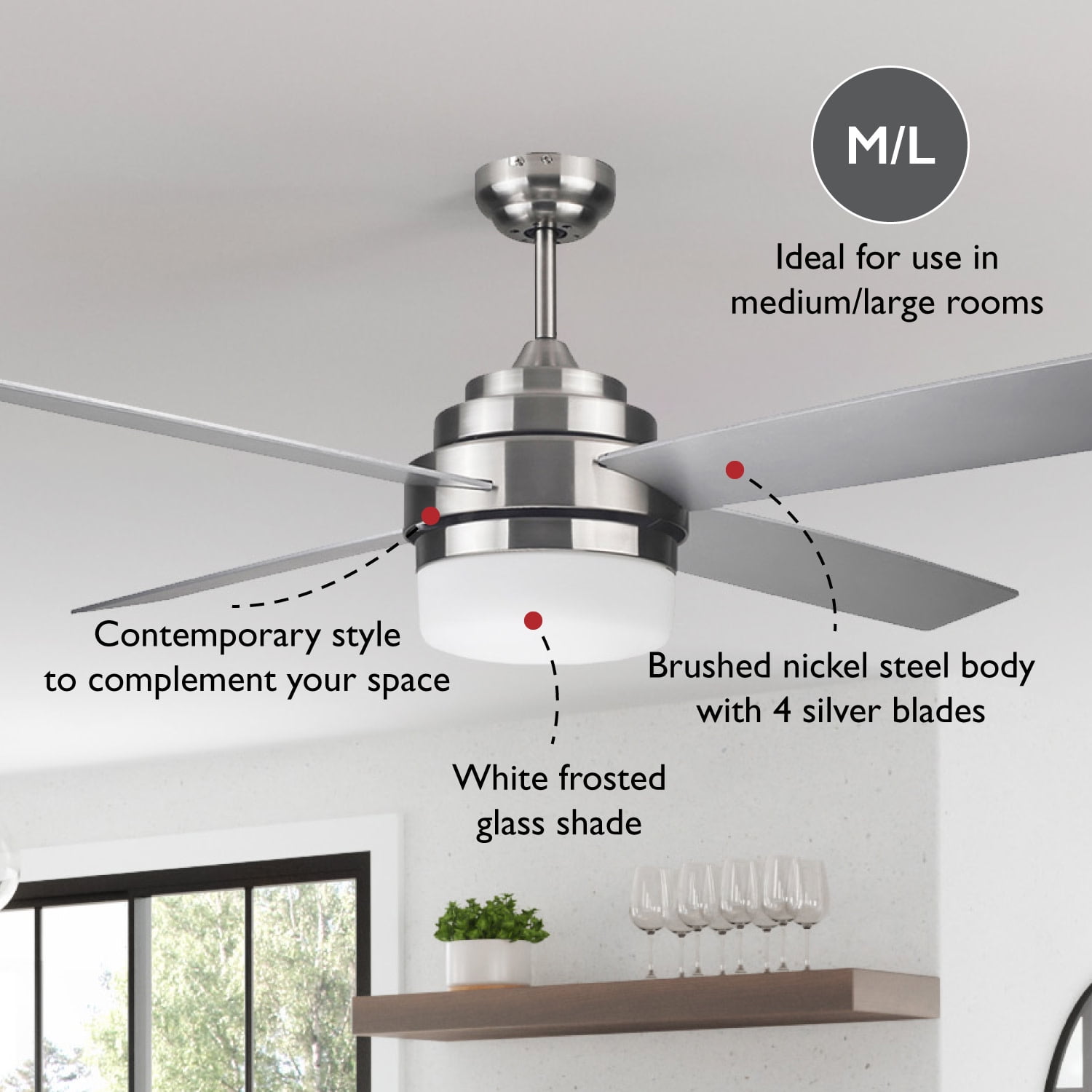 Design House Cali 52" Indoor Ceiling Fan with LED Kit, 4-Blades, and Wall Control, Brushed Nickel