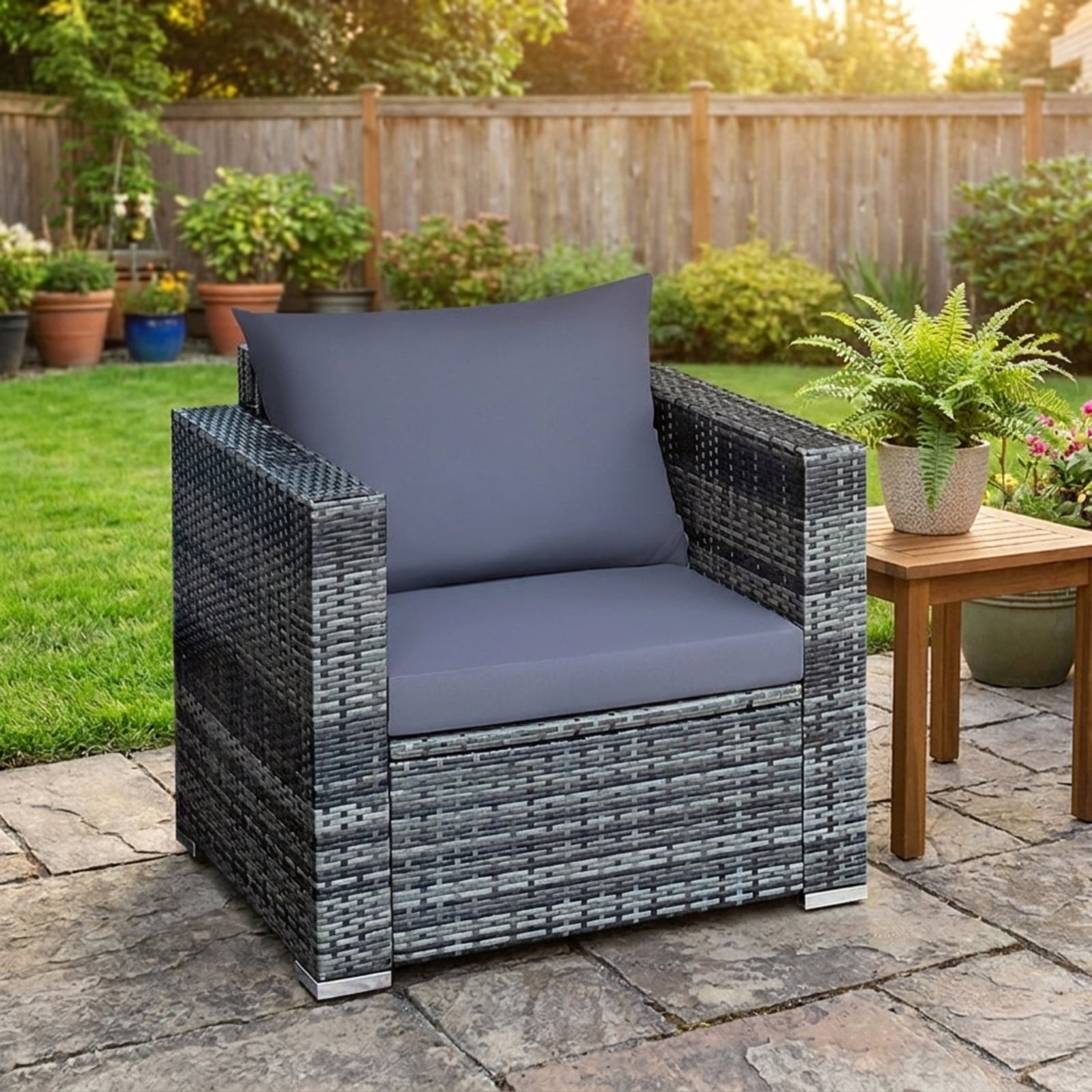 Biotree 3 Piece Patio Rattan Bistro Sofa Set outdoor conversation set with cushions and tempered glass coffee table for balcony garden and porch, Gray