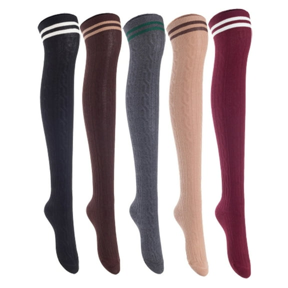Lian Lifestyle Women's 5 Pairs Incredible Durable Super Soft Unique Over Knee High Thigh High Cotton Socks, Size US 6-9, JMYP1023 Black, Coffee, Dark Gray, Khaki, Wine