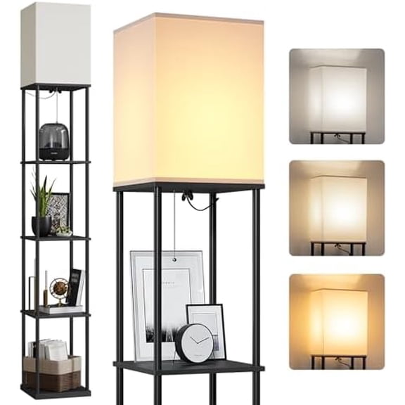 5 Tier Floor Lamp with Shelves, Modern Square Standing Lamp with 3 Color Temperature Bulb, Corner Display Bookshelf Lamp for Living Room and Bedroom, Tall Shelf Floor Lamp