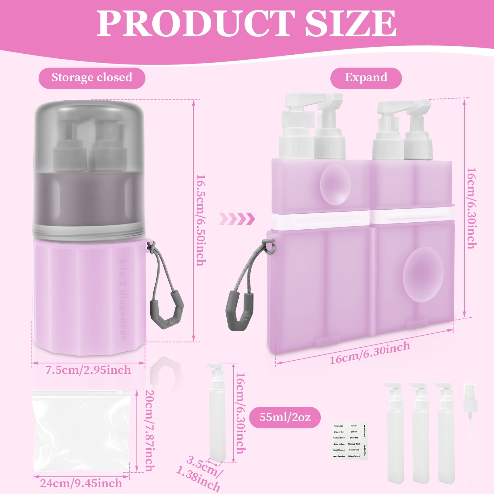 NUAHRHY 4-in-1 Travel Toiletry Container, 4 2Oz Leak Proof Travel Bottle Set with Suction Cup for Smooth Wall, Portable Refillable Dispenser Bottle for Shampoo Conditioner Body Wash Lotion