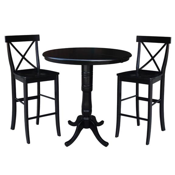 36" Round Bar Height Table with 12" Leaf and 2 X-back Stools - Black - 3 Piece set