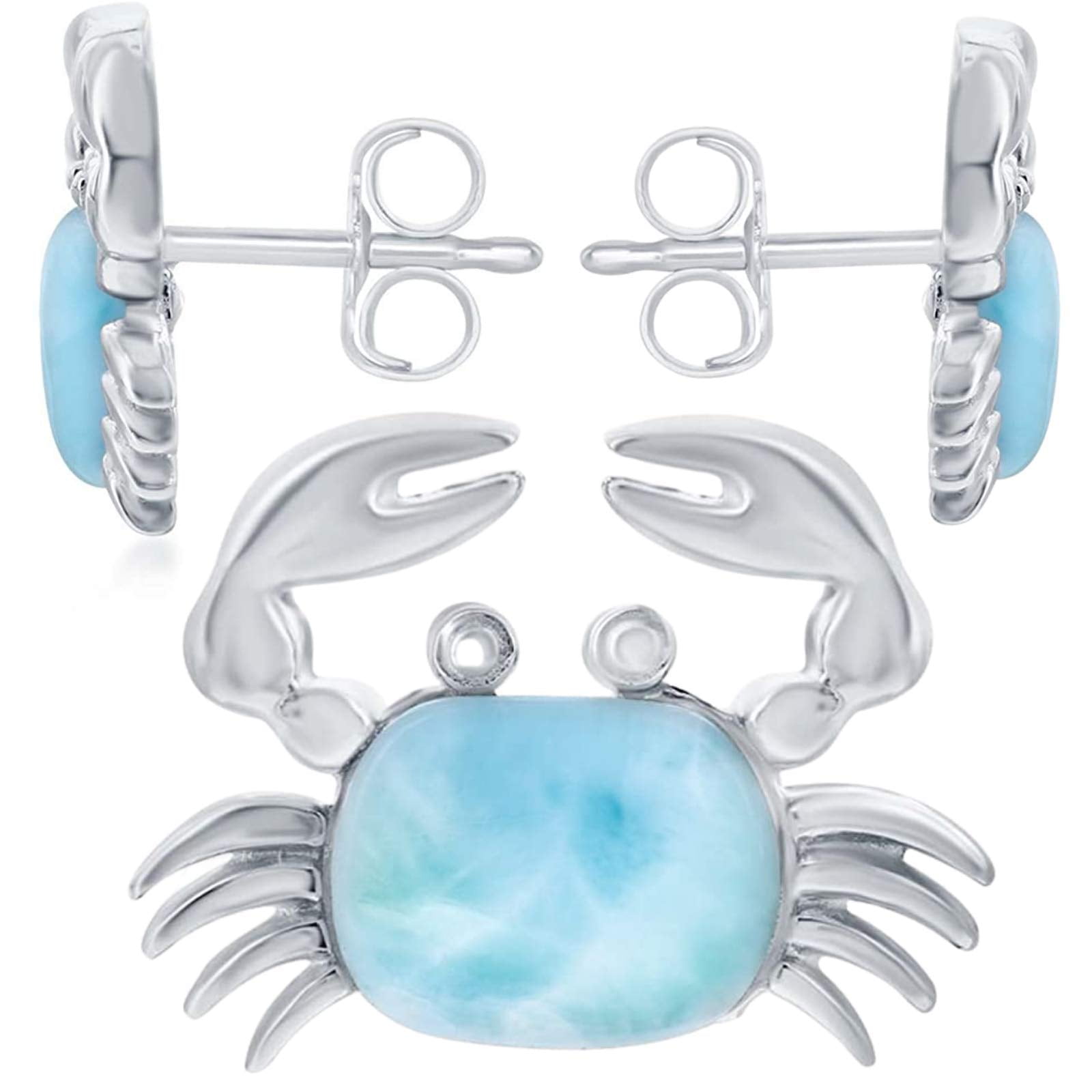 Larimar Crab Pendant 10mm  Natural with Blue Sapphire Eyes .925 Sterling Silver 