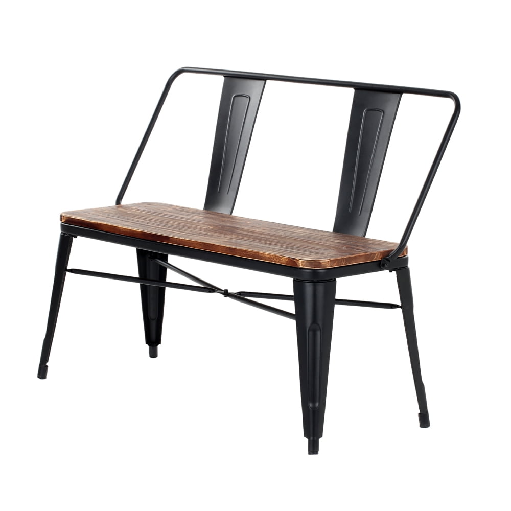 Irfora 2 Seater Kitchen Dining Bench Chair W/ Backrest Natural Pinewood Metal Frame Patio Garden Bench Furniture 150KG Capacity