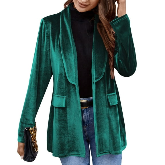 NAMTYQX Women's Blazers & Suit Jackets Long Sleeve Solid Elegant Open Front Cardigan Coat Notched Lapel Collar Velvet Dark Green Size L