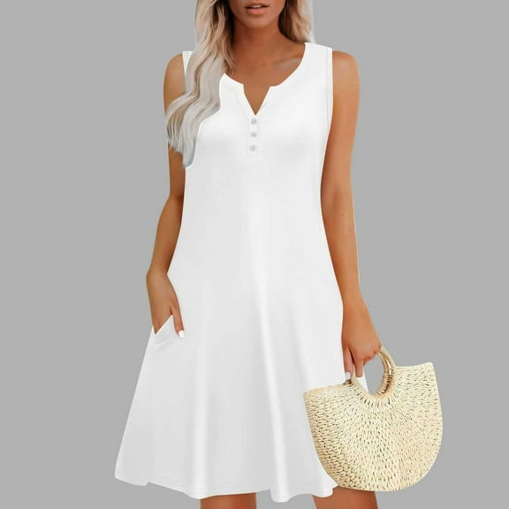 Tdoqot Summer Dresses for Women 2025- Casual Sleeveless V-Neck Loose Fit Sundress Midi Dress with Pockets White Size XL