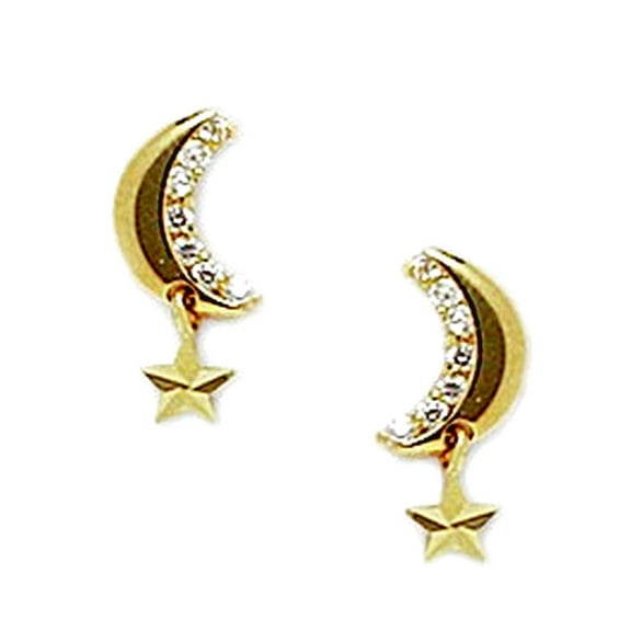 14k Yellow Gold Cubic Zirconia Crescent Celestial Moon With a Star Screw Back Earrings 11x6mm Stud Earring for Women
