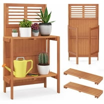 ZYPPP Folding Potting Bench, 2-Tier Gardening Workstation w/Storage Shelves, Wood Outdoor Potting Table for Garden, Yard, Balcony, Easy Assembly, Natural