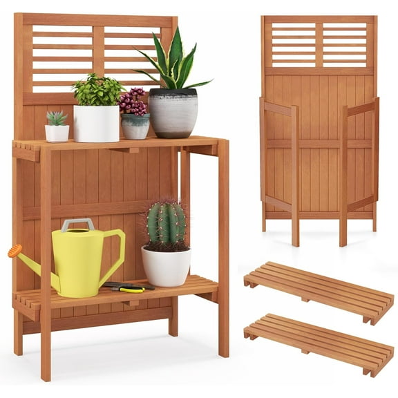 ZYPPP Folding Potting Bench, 2-Tier Gardening Workstation w/Storage Shelves, Wood Outdoor Potting Table for Garden, Yard, Balcony, Easy Assembly, Natural