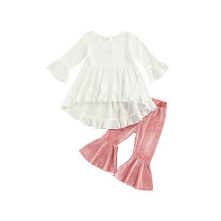 

Spring Autumn Kids Girls Ruffled Long Sleeves Tops Flared Pants Set 1-5 Years
