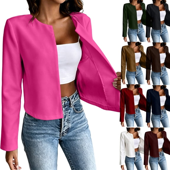 Admvng Women's Cropped Blazer Open Front Long Sleeve Slim Casual Short Jacket