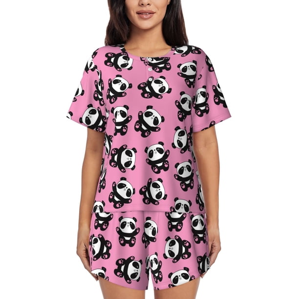Balery Cute Panda Conjunto de Pijama para Mujer con Estampado, Dos Piezas de Manga Corta y Shorts, Ropa de Dormir Suave con Cuello Redondo y Bolsillos-Small