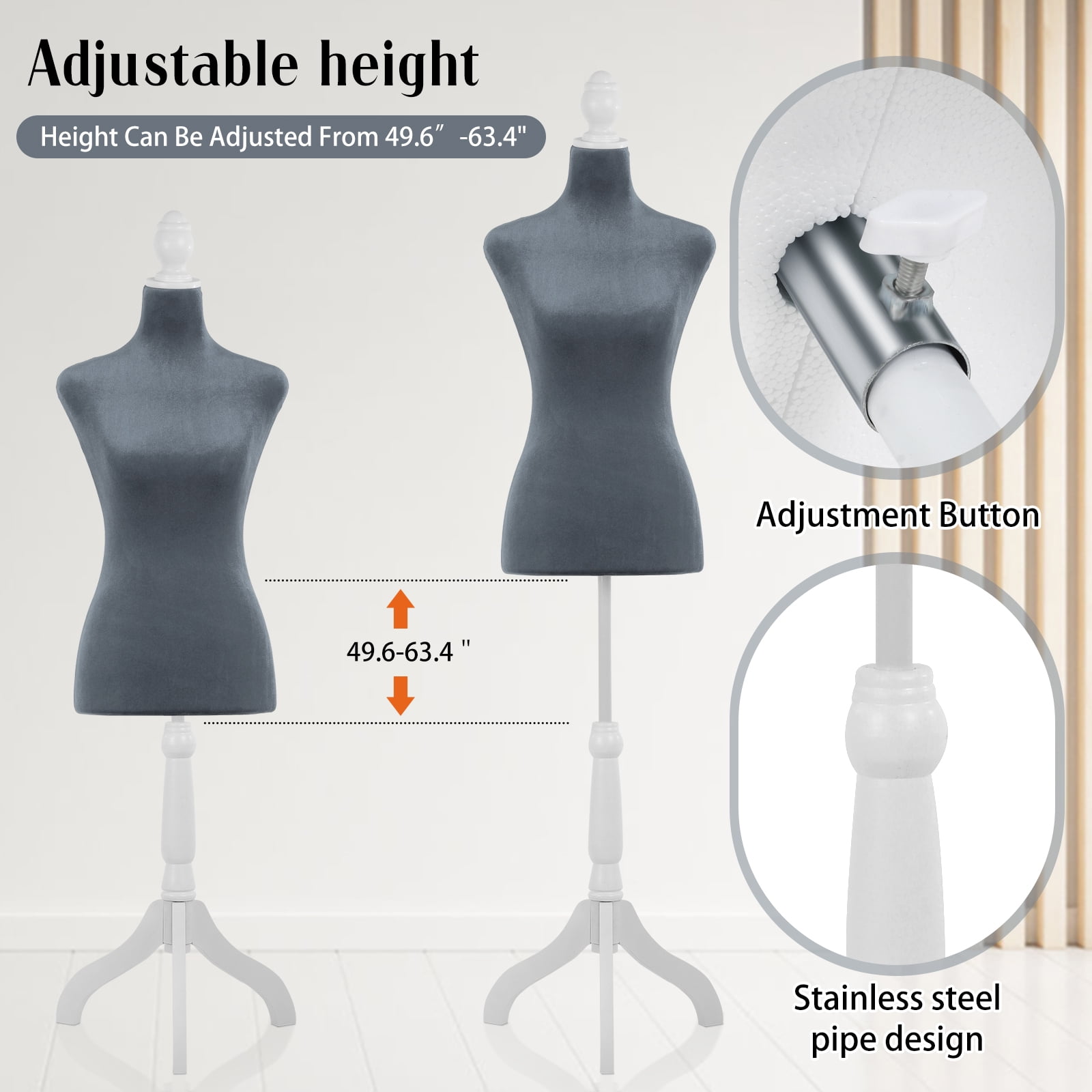 Dkelincs Female Mannequin Torso with Wooden Tripod Stand Adjustable Dress Form for Dress Jewelry Display, Grey